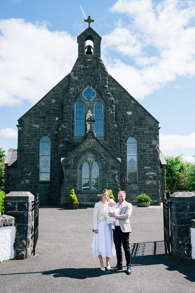 Family gathered outside Carraroe Church after baby’s christening in Sligo