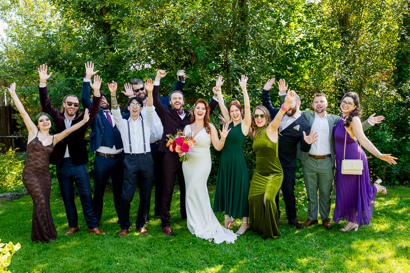 Wedding guests gathered for a group photo at Drumhierny Woodland Hideaway, Sligo