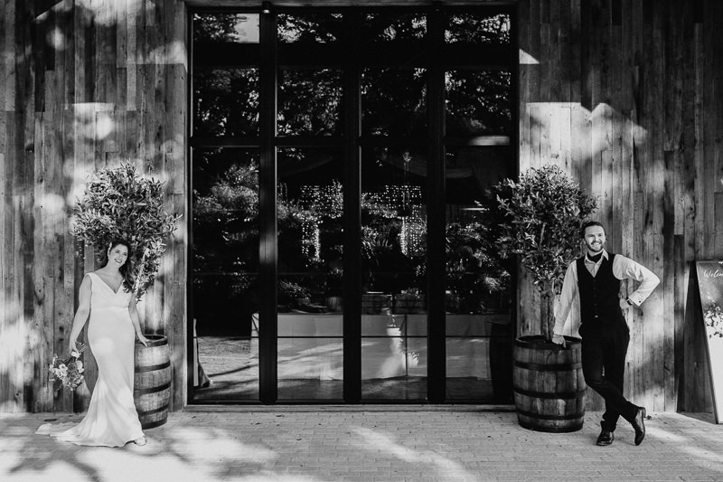 black & white portrait of groom and bride at Drumhierny Woodland Hideaway, Leitrim